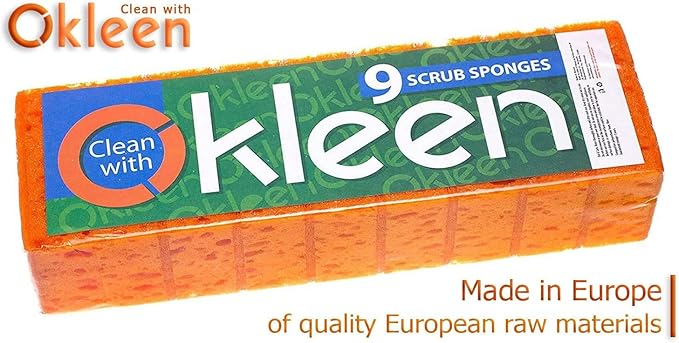 Orange Multi Use Scrub Sponge. Made in Europe. 18 Pack, 4.3x2.8x1.4 inches. Odorless Heavy Duty and Non Scratch Fiber. Durable and Delicate Scrubber for Oven and Stove, Bathroom and Basement