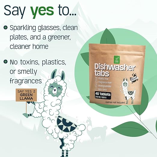 Green Llama Dishwasher Tablets (80 Count, 2 Packs): Fragrance-Free, PVA-Free, Compostable Packaging, Leaping Bunny Certified, Powerful Cleaning, Eco-Friendly & Cruelty-Free, Women-Owned Business