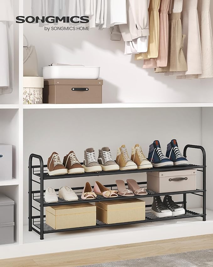 SONGMICS Stackable Shoe Rack, 3 Tier Metal Shoes Rack Storage Shelf, Holds up to 15 Pairs, Adjustable Slanted Shelves Tower Organizer for Closet Entryway Small Spaces, Black ULMR106BD01