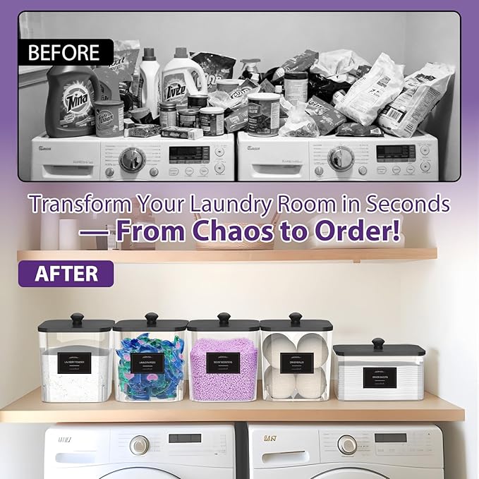 COAZEX 4+1 Pack Clear Laundry Pods Container & Dryer Sheet Holder, Plastic Square Laundry Room Organization and Storage Jars with Black Lids, Scoops & Labels for Detergent, Powder, Dryer Balls