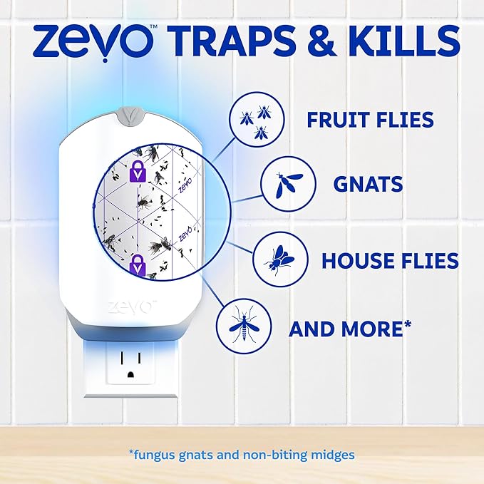 Zevo Flying Insect Trap & Cartridge - Plug in Fly Trap & Indoor Bug Catcher for Gnats, House & Fruit Flies - Mess-Free - Use in Any Room - Uses Blue & UV Light (1 Plug in Device & 1 Cartridge)