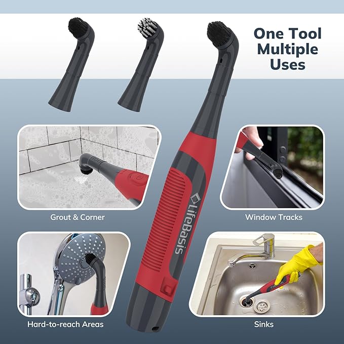 LifeBasis Cordless Electric Cleaning Brush, Mini Power Scrubber for Cleaning Waterproof Grout with 2 Brush Heads for Bathroom Kitchen Tile Crevice Corner - Red (Batteries Included)