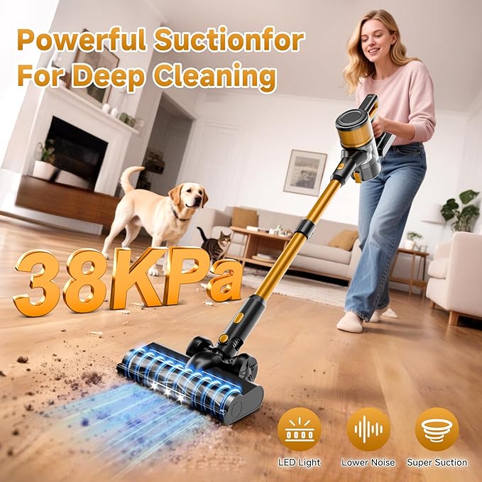 Cordless Vacuum Cleaner, 38Kpa Vacuum Cleaners for Home, 60Mins Lightweight Stick Vacuum with LED Display, Anti-Tangle & Wall Mount , 8 in 1 Lightweight Vacuum for Hard Floors Carpet Pet Hair, Gold