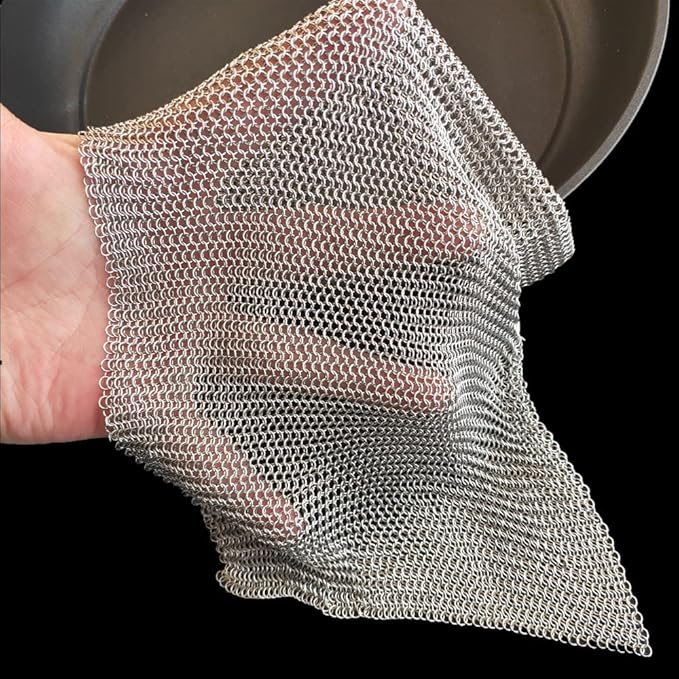 Cast Iron Cleaner and Chainmail Skillet Scrubber - 12''x12'' Upgraded 3.8mm Small Ring, 316L Stainless Steel Fine Rings - Durable Scraper for Skillets, Pans, Griddles & Containers