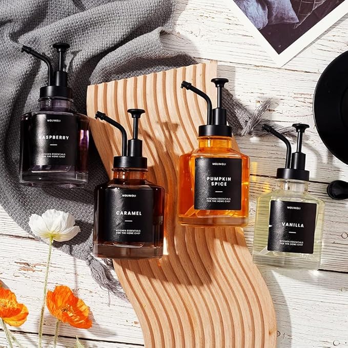 Molimoli Coffee Syrup Dispenser - Glass Bottle w. Pump, 11.8 oz 350 ml, Set of 2, Black Upgraded Pump