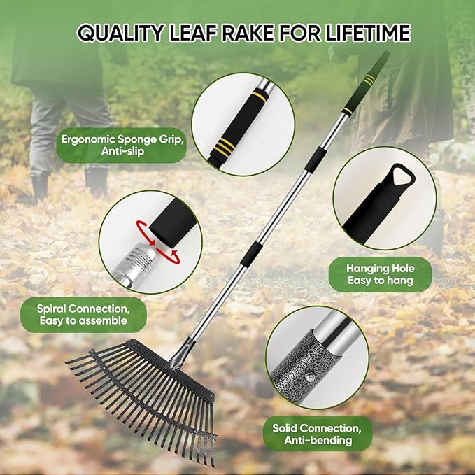 Rake Heavy Duty 6FT Long Garden Rake , 18.5 Inch Wide Leaf Rake for Lawns, 25 Metal Tines, Adjustable Stainless Steel Handle, Rakes for Leaves, Yards, Grass, Garbage, Weeds, Debris (Black)