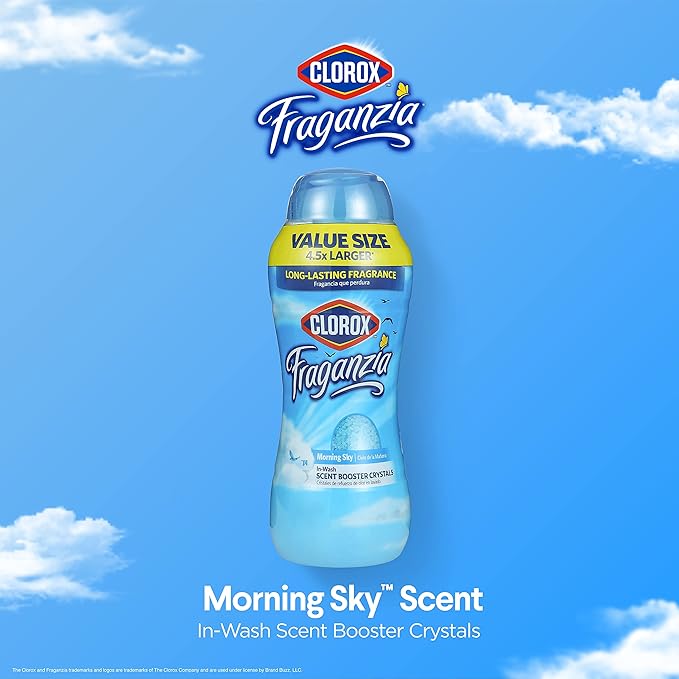 Clorox Fraganzia Laundry Scent Booster Crystals, In-Wash Fragrance Beads for Fresh-Smelling Clothes & Linens, Safe for All Fabrics & Colors, Easy-Pour Bottle, Morning Sky Scent, 70 Oz - 6 Pack