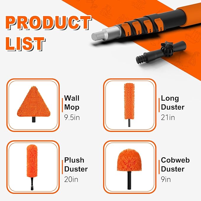 20FT Reach Duster Cleaner Kit, Dusters for Cleaning with Extension Pole, Baseboard & Wall and Window Cleaner Mop for Fan Blades, High Ceiling and Cobweb