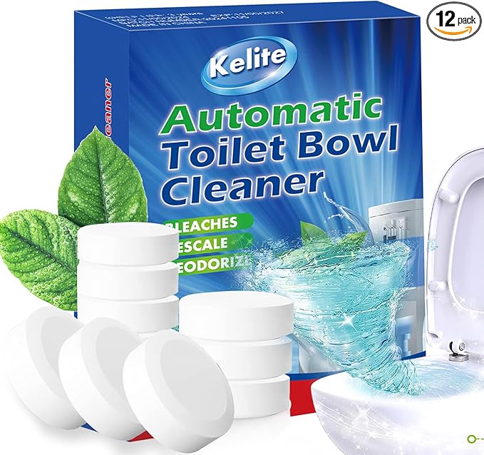 Toilet Bowl Cleaner Tablets 12-Pack, Automatic Cleaners with Bleach for Deodorizing and Descaling, Effective Against Tough Stains (White)