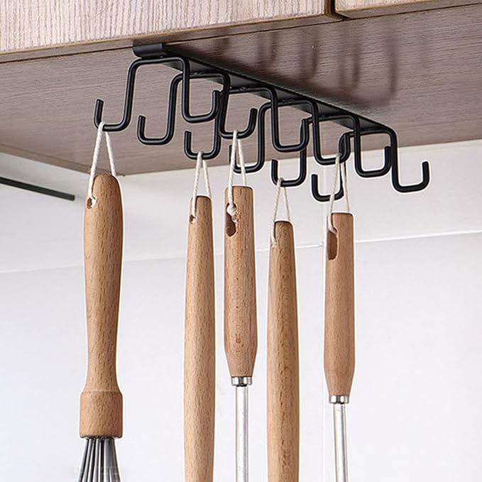 Under Cabinet Kitchen Utensil Hooks, Iron Double Row Rail Mug Holder Under Shelf Clip On Cabinet Hook Spoon Shovel Shelving for Restaurant Cup Hanging(Black)