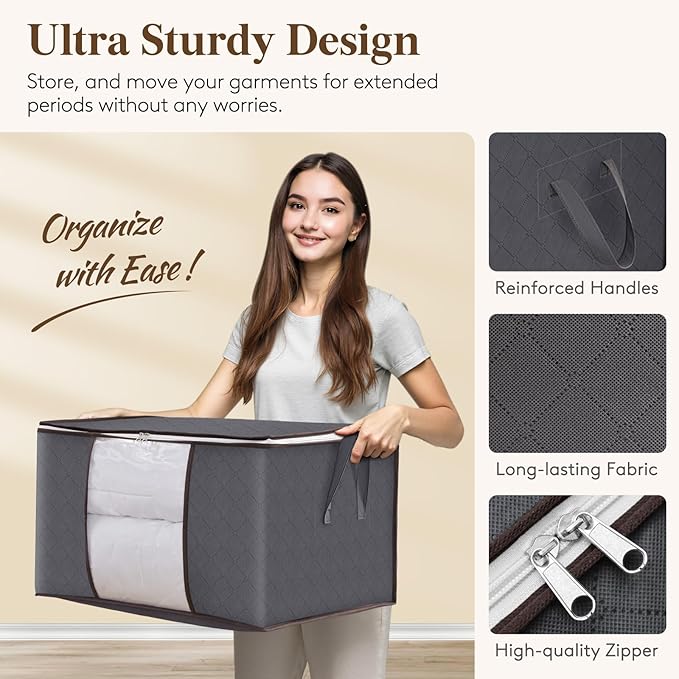 Lifewit Large Capacity Clothes Storage Bag Organizer with Reinforced Handle Thick Fabric for Comforters, Blankets, Bedding, Foldable with Sturdy Zipper, Clear Window, 12 Pack, 90L, Grey