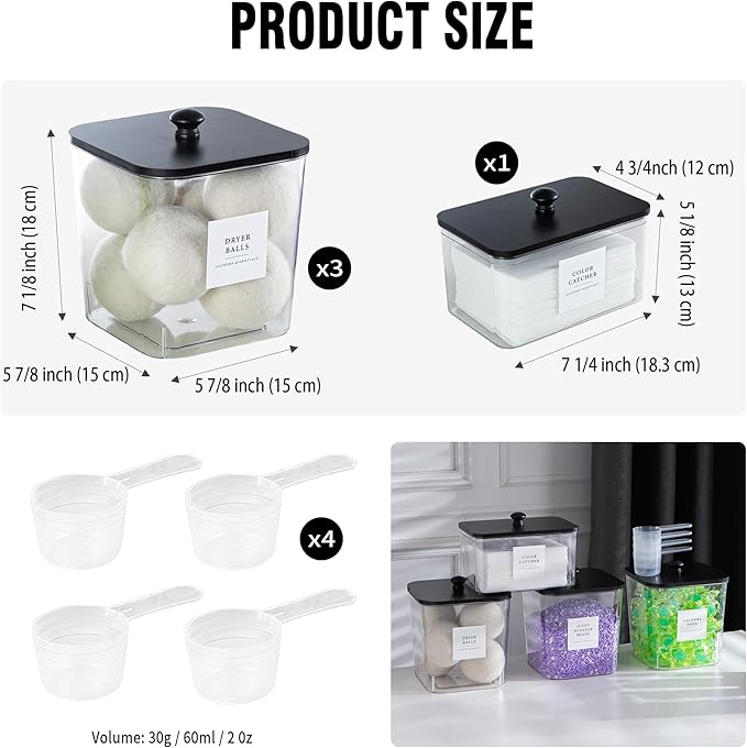 Laundry Room Organization Container, 4pcs Acrylic Laundry Pod Storage Containers, Black Dryer Sheet Holder Jars with Bamboo Lids and Labels for Scent Booster Powder Detergent Pods Storage