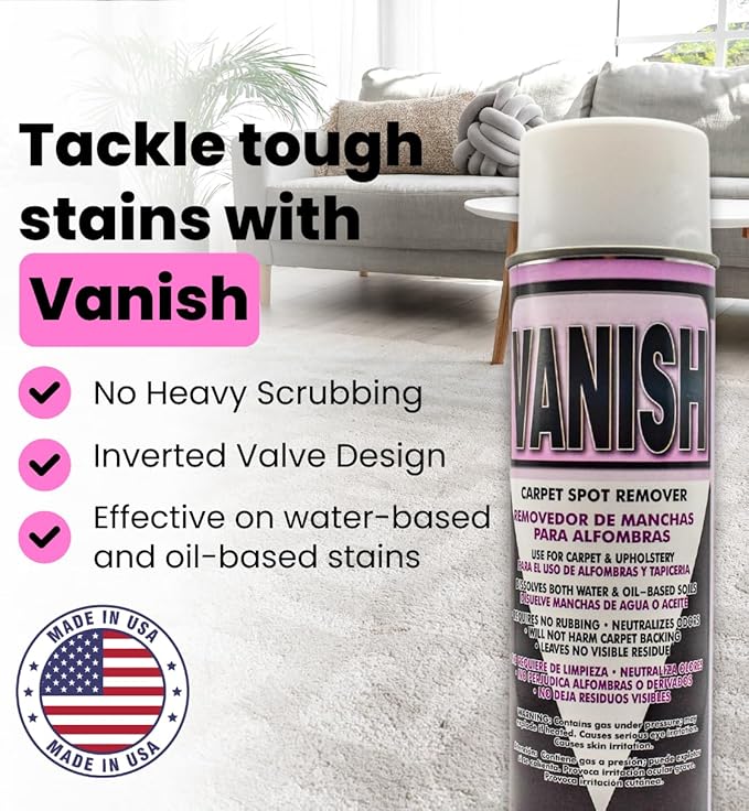 Vanish Carpet & Upholstery Spot Remover, 18 oz– Fast-acting Carpet stain remover with deep-clean formula. No residue, safe on all fabrics, and easy to apply.