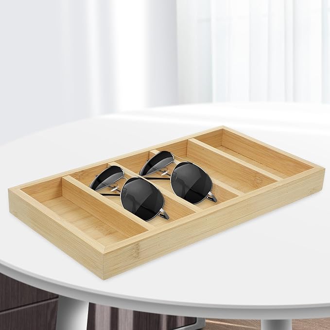 BESTonZON Sunglasses Organizer Tray with 5 Compartments, Eyeglass Storage Holder for Desktop, Sunglass Display Case for Home and Office