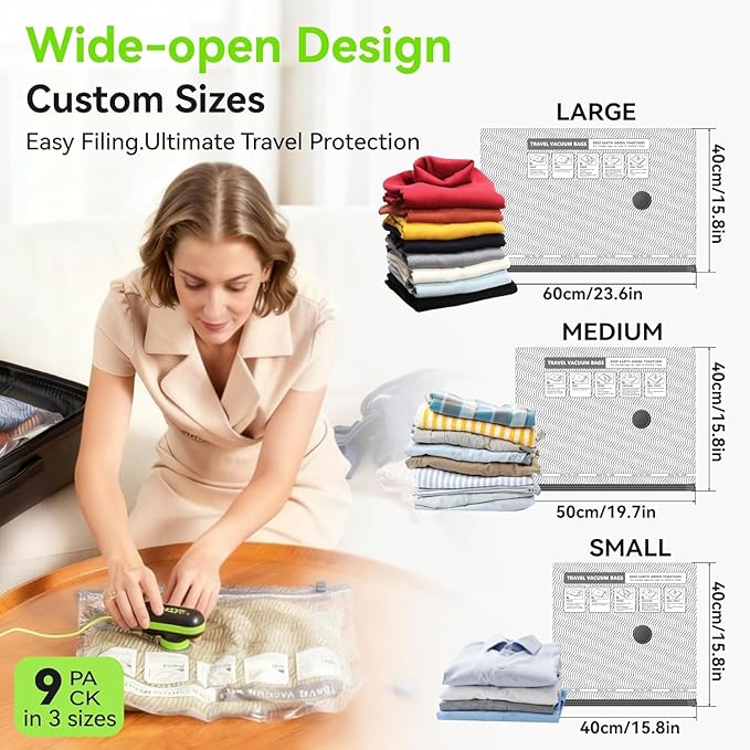 Travel Vacuum Bags with USB & TYPE C Pump, 9 Pack Carry-On Vacuum Storage Bags for Luggage & Suitcase, Vacuum Luggage Bags, Space Saver for Clothes & Travel(Green)