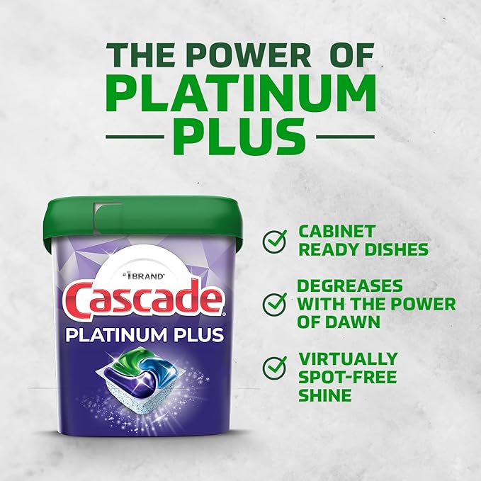 Cascade Platinum Plus Dishwasher Pods, Dish Detergent ActionPacs, Power of Bleach, 21 Count