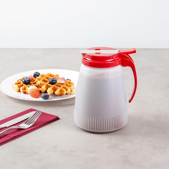 Restaurantware-Chef 101 48 Ounce All Purpose Syrup Dispensers, 10 Honey Dispensers - Red Top, Stainless Steel Slide Cover, Plastic Pancake Syrup Bottle, Perfect For Diners, Restaurants, Home