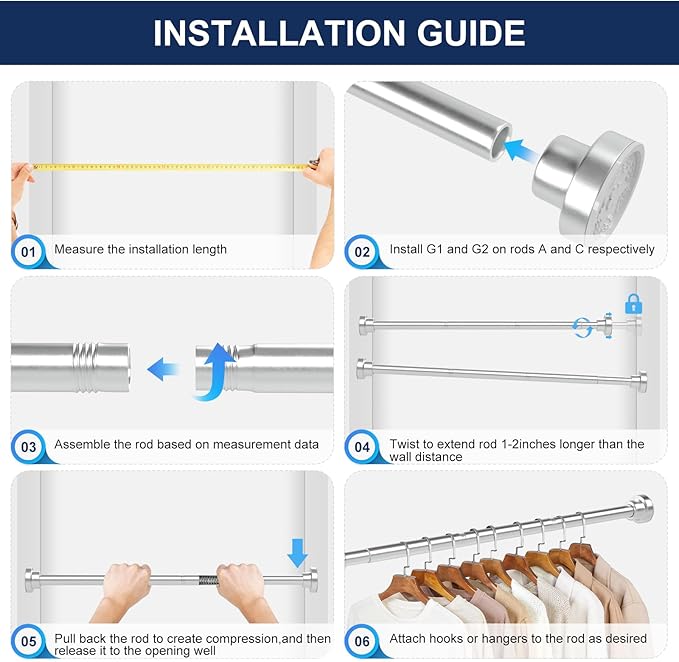 No Drilling Closet Rod, 27.5-94 Inches Hanging Closet Rod for Clothes, Closet Bar & Pole Heavy-duty, Closet Rods for Hanging Clothes For Closet Wardrobes Bathroom Laundry RV Curtains,Nickel