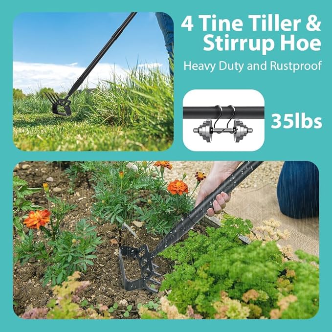 Ihomepark Garden Hoe, Stirrup Hoe with Adjustable Handle for Weeding Digger loosening Soil Metal Garden Cultivator Hoe with Rake Tiller Cultivator (30-62 Inch)