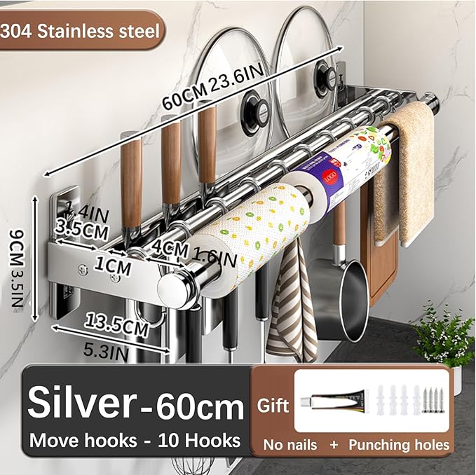 Hanging Wall Mount knife Wall Mount, Kitchen Organizer Storage Shelf for Utensils Spatula Spoon, Space-Saving Knife Rack with Hooks,Wall-Mounted Utensil Holder (Silver, 60CM+Three Poles+10Hooks)