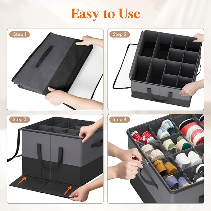 Lifewit 6 Pack Shoe Storage Organizer for Closet, Large Shoe Box Storage Containers with Clear Cover, Foldable Storage Bins Fit for Boots Fits 72-96 Pairs (Each 12-16 Pairs) Gray and Black