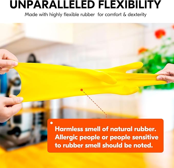 Vgo... 3-Pairs Reusable Household Gloves, Rubber Dishwashing gloves, Extra Thickness, Long Sleeves, Kitchen Cleaning, Working, Painting, Gardening, Pet Care (Size XL, Yellow, HH4601)