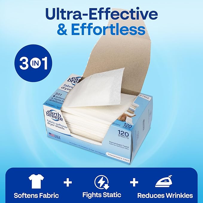 Earth Breeze Fabric Softener Dryer Sheets – Fragrance Free, Hypoallergenic, No Harsh Chemicals, Safe for Sensitive Skin – Static Cling & Wrinkle Reducer – Gentle Fabric Care – Made in USA (1 Pack)
