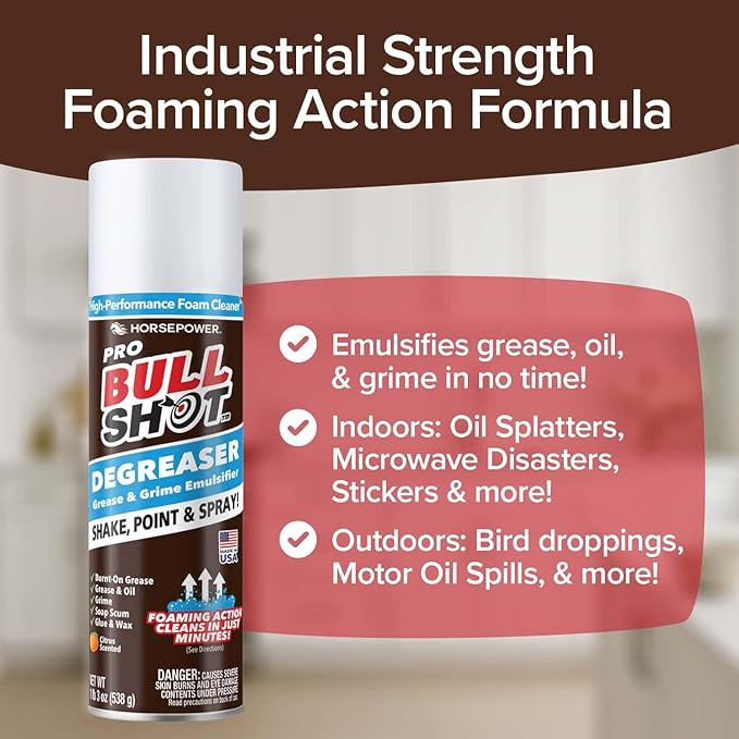 Bull Shot Degreaser Pro, Foaming Degreaser & Grime Remover, Heavy-Duty, AS SEEN ON TV, Residue-Free, Shake, Point & Spray, Emulsifies Grease, Oil Splatters, Glue, Tape Residue & More - Made in the USA