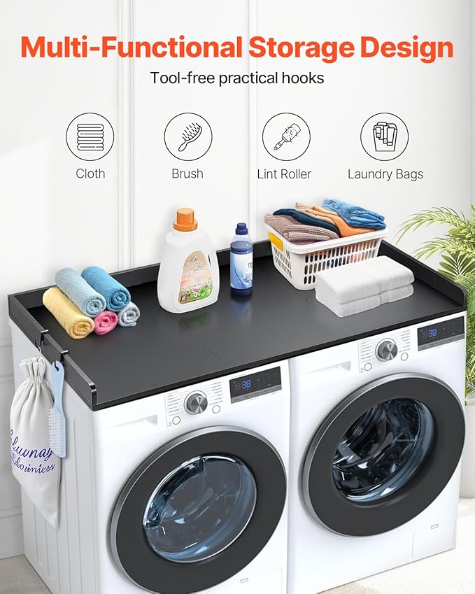 VEVOR Washer Dryer Countertop with 3 Splicing Panels, 54" x 27" Wooden Washer and Dryer Countertop with Non-Slip Pads, Water-Resistant Laundry Topper for Laundry Room Organization and Storage, Black