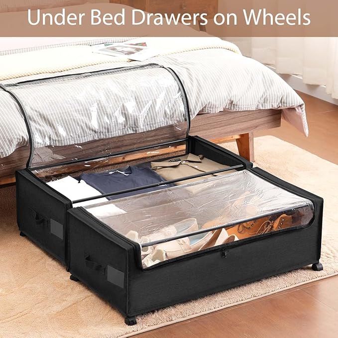 FOUCSSOMEI Under Bed Storage with Wheels, Under The Bed Storage Drawers On Wheels, Rolling Underbed Drawers, Lockable, Heavy Duty, XXXXL Size 90L