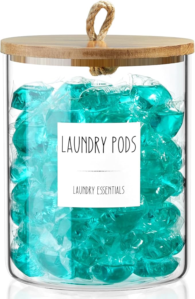 Glass Laundry Pods Container, Half Gallon 2 Liter Laundry Jars with Wood Lids for Laundry Room Organization and Storage, Powder Detergent Holder for Laundry Room Decor and Accessories