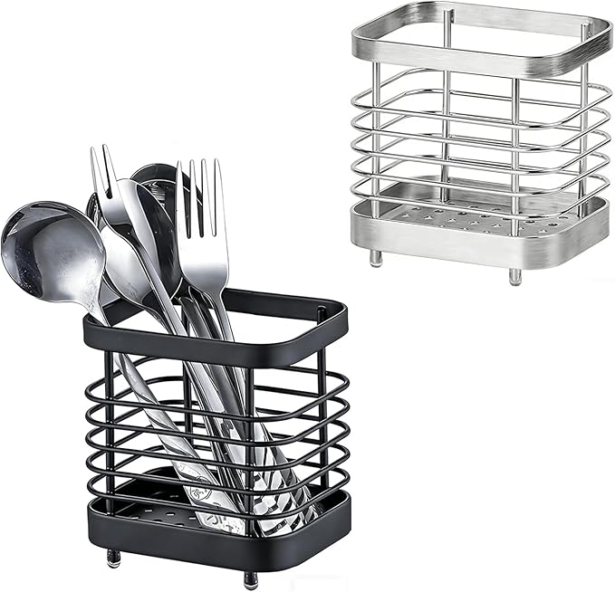 2 PCS Utensil Holder Stainless Steel Drying Rack Kitchen Counter Cutlery Silverware Flatware Drainer Caddy Forks, Knives, Spoons, Chopsticks Organizer (Black, Silver)