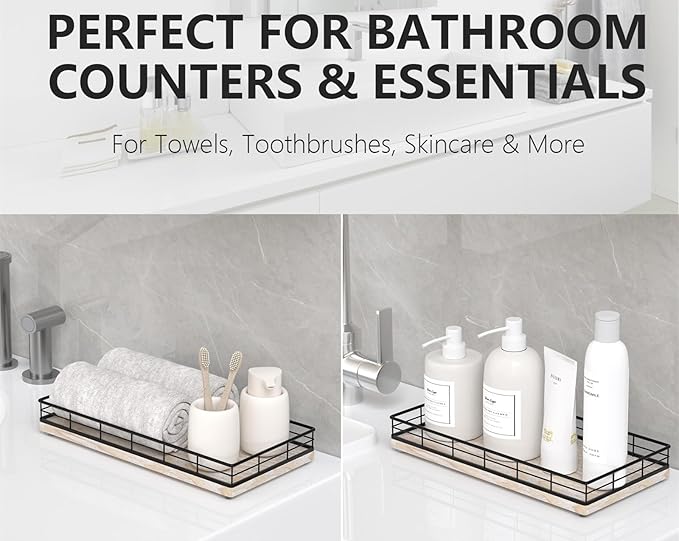 Toilet Paper Basket Organizer – Ash Wood Toilet Tank Tray with Metal Frame, Back of Tank or Top Bathroom Counter Storage – Black & Whitewashed Modern Decor