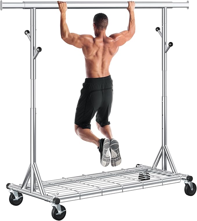 Gewudraw Heavy Duty Clothes Rack Load 630 lbs, Metal Rolling Clothing Rack With Sturdy Wheel And Shelves, Adjustable Portable Hanging Garment Rack For Clothes,Chrome Stainless Steel