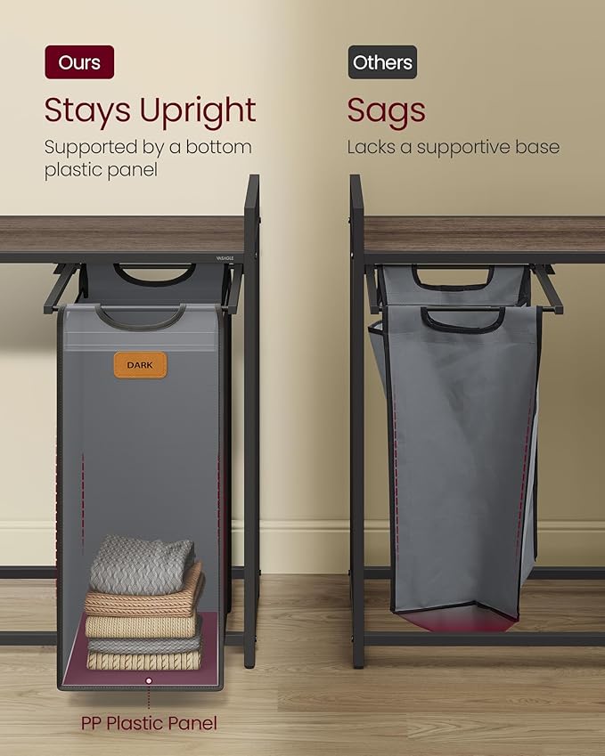 VASAGLE Laundry Hamper with 3 Compartments, 26.4 Gal. (100 L) Laundry Sorter, Rolling Laundry Cart with Shelves, Small Side Pockets, 6 Labels, Chestnut Brown, Ink Black and Dove Gray UBLH202B01