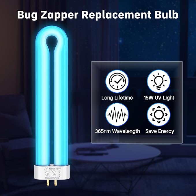 Klahaite Replacement Light Bulb Bug Zapper 15W Bug Light Bulbs for K15, X3,T6, T8, T9 Bug Zapper Outdoor 4-Pin Base U Shaped Twin Tube Bulb for Outdoor Mosquito Zapper