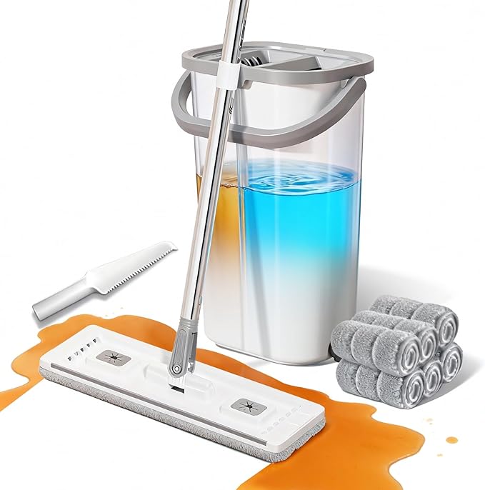Mop and Bucket Set: 360° Flat Squeeze Mop with Long Handle & Wringer Bucket, 6 Washable Microfiber Pads for Kitchen, Bathroom, Wall Cleaning, Wet Dry Use, Lovely Gift for Women