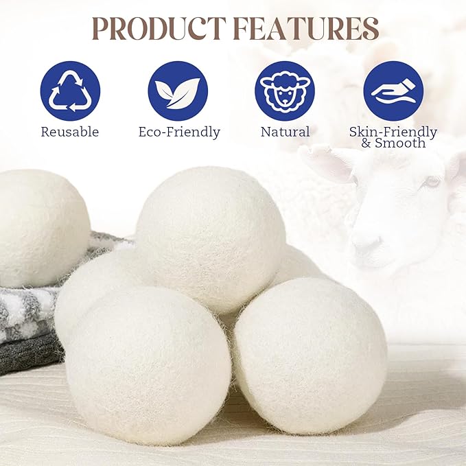 Wool Dryer Balls, New Zealand Dryer Balls Laundry Reusable Reduce Static Cling, Dryer Ball to Reduce Wrinkles & Shorten Drying Time, Drying Balls Fabric Softener Ball for Laundry（Pack of 8 L)