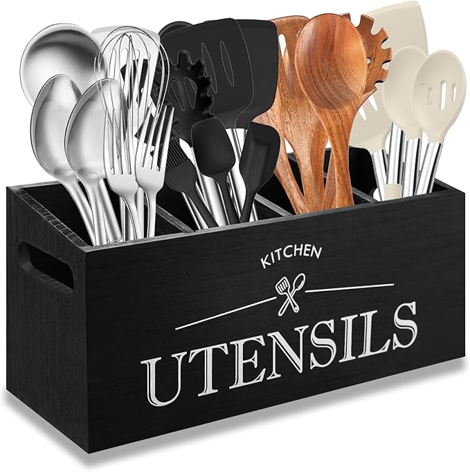 Kitchen Utensil Holder with 4 Compartments, Wooden Utensil Organizer for Countertop, Ideal for Storage and Organization, Rustic Cooking Utensil Kitchen Tool, Black