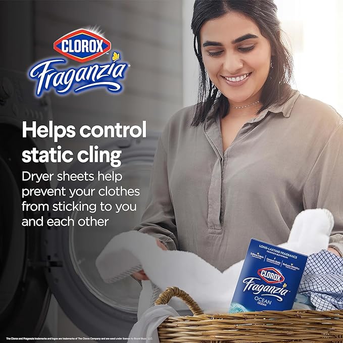 Clorox Fraganzia Fabric Softener Dryer Sheets, Wrinkle Reducing and Anti Static Laundry Dryer Sheets for Great Smelling Clothes, Softens Fabrics, Fresh Ocean Scent, 80 Count - 6 Pack