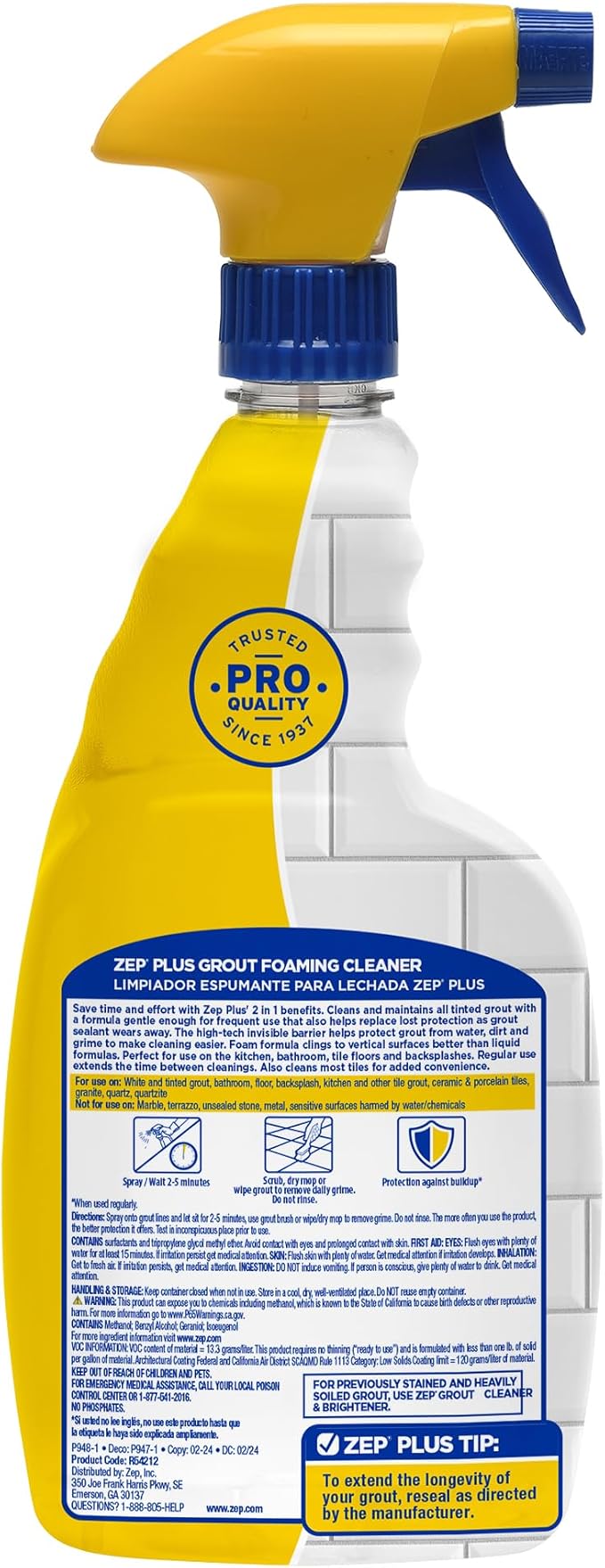 Zep Plus Grout Foaming Cleaner - 32 Fl OZ - R54212-2-in-1 benefits clean while protecting grout from water, dirt and grime