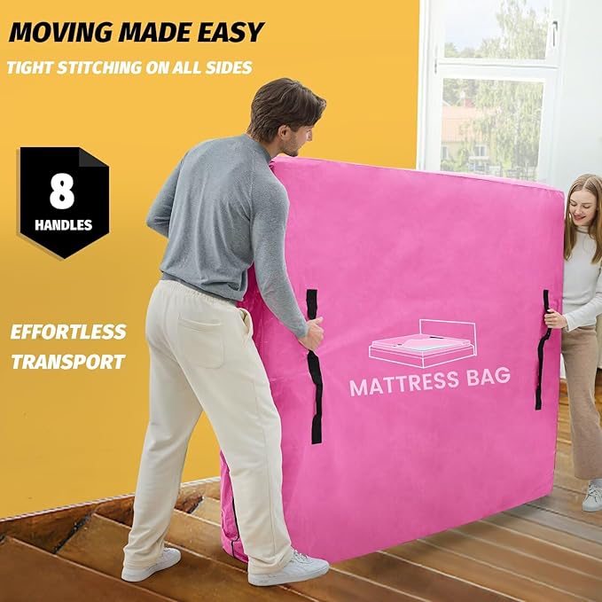 Mattress Bags for Moving and Storage, BETU Twin Mattress Protector Waterproof Mattress Cover with 8 Heavy Duty Handles and Zipper Extra Thick Moving Supplies for Dorm Bed Reusable (77x42x13.5 Pink)