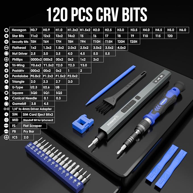 STREBITO 144-Piece Upgraded Electric Screwdriver, Max 0.7 N.m, 120 Magnetic Bits, 5-gear Torque Adjustment, Precision Screwdriver Set, Repair Tool Kit for Tech, Electronics and PC