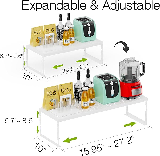 Jojocross Adjustable Stackable Metal Storage Shelf Organizer - Expandable Wire Rack with Perforations for Kitchen, Pantry, Bathroom, Cabinet & Office-Compact, Durable & Sturdy (1PACK/Large/White)