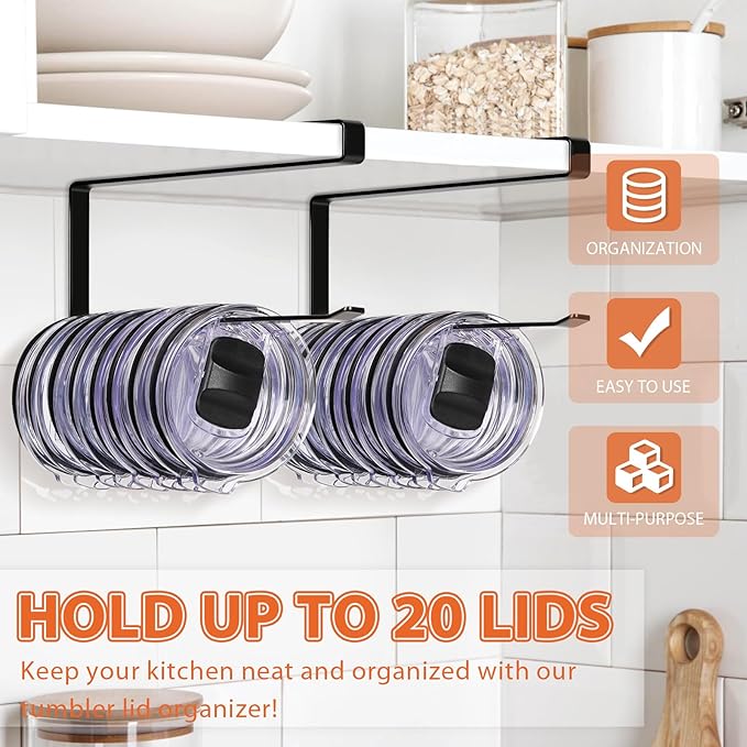 2 Pack Tumbler Lid Organizer, Horizontal Tumbler Lid Storage Hook to Hold Up 20 Lids, Space Saving Cup Lid Holders Under Cabinet Tumbler Lid Hook for Kitchen Organizer, Paper Towel Rack Hanger (Black)