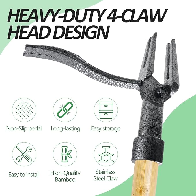 Weeder - Stand Up Weed Puller Tool Made with Long Handle - Real Bamboo & 4-Claw Steel Head, Weeding Tool Weed Remove Tool for Lawn/Yard