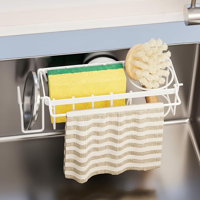 TAILI 4-in-1 Sponge Holder for Kitchen Sink with Strong Suction Cup Removable, Rustproof Stainless Steel Sink Caddy for Sponge, Brush, Scrubber, Scraper -White