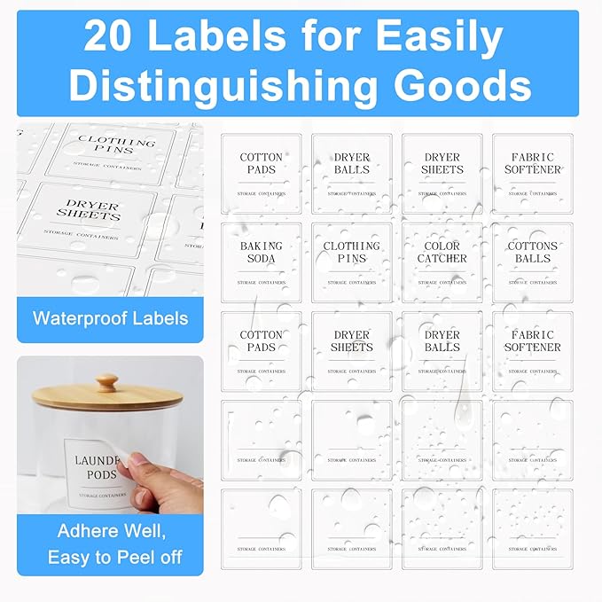 3+1 Pack Laundry Pods Containers & Dryer Sheet Holder & Laundry Detergent Dispenser, Laundry Room Organization and Storage Jars with Lids, Labels and Scoops for Scent Booster, Powder, Pods