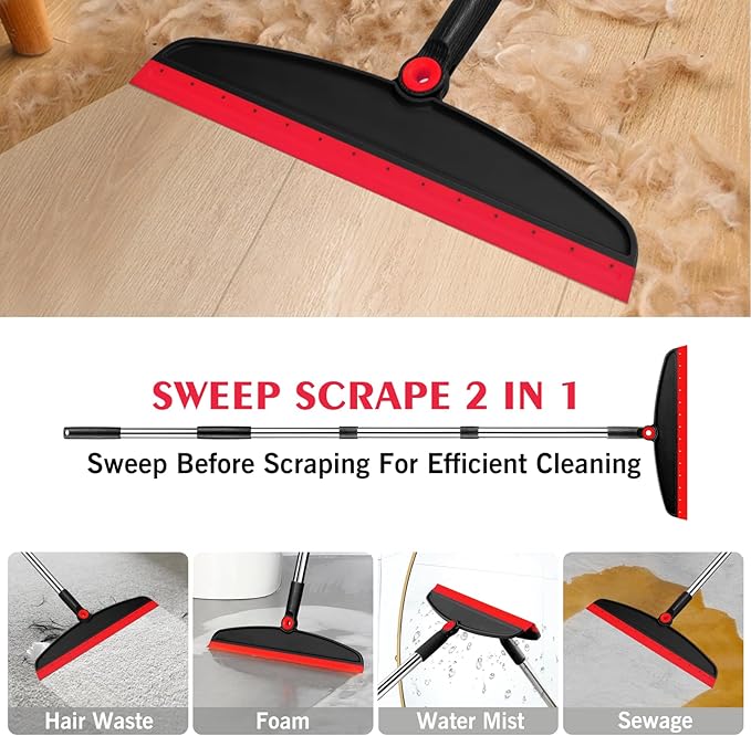 Multifunction Silicone Broom, 54 Inch Long Handle Silicone Floor Squeegee Broom, Sweep and Scrape 2 in 1 Household Cleaning Broom for Floor, Bathrooms, Kitchens, Showers, Tile, Pet Hair,Black Red