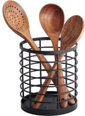 WDT Tool Utensil holder for Kitchen Counter - 5.2" x 5.2" x 6" Large Round Utensils Holder with Wooden Base Matte Black Cooking Utensil Holder，Kitchen countertop Utensil Organizer (Metal)